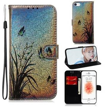 Butterfly Orchid Laser Shining Leather Wallet Phone Case for iPhone SE 5s 5