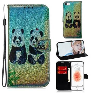 Two Pandas Laser Shining Leather Wallet Phone Case for iPhone SE 5s 5