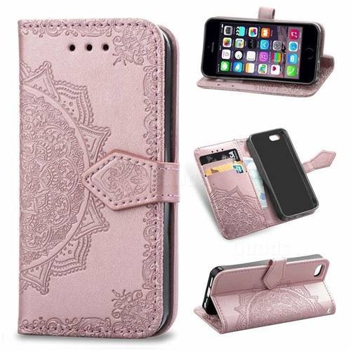 Embossing Imprint Mandala Flower Leather Wallet Case for iPhone SE 5s 5 - Rose Gold