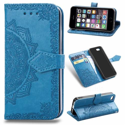 Embossing Imprint Mandala Flower Leather Wallet Case for iPhone SE 5s 5 - Blue