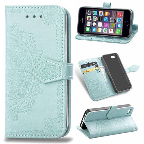 Embossing Imprint Mandala Flower Leather Wallet Case for iPhone SE 5s 5 - Green