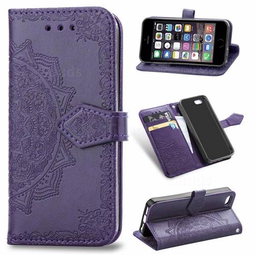 Embossing Imprint Mandala Flower Leather Wallet Case for iPhone SE 5s 5 - Purple