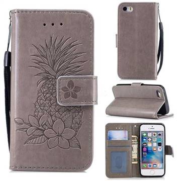Embossing Flower Pineapple Leather Wallet Case for iPhone SE 5s 5 - Gray