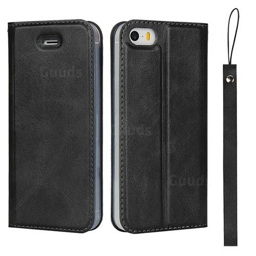 Calf Pattern Magnetic Automatic Suction Leather Wallet Case for iPhone SE 5s 5 - Black