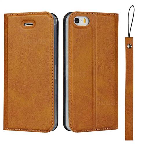 Calf Pattern Magnetic Automatic Suction Leather Wallet Case for iPhone SE 5s 5 - Brown