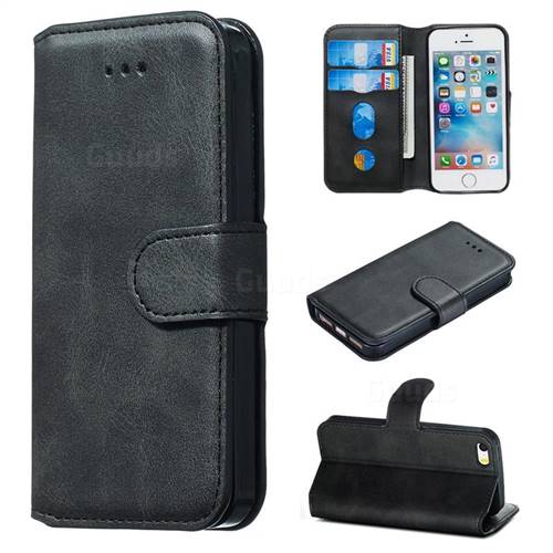 Retro Calf Matte Leather Wallet Phone Case for iPhone SE 5s 5 - Black