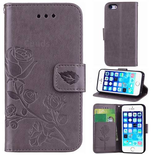 Embossing Rose Flower Leather Wallet Case for iPhone SE 5s 5 - Grey