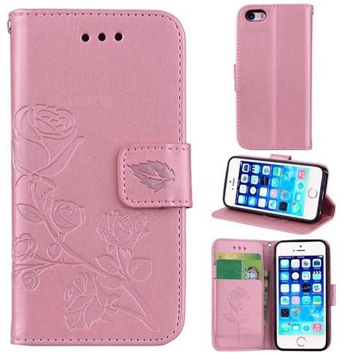 Embossing Rose Flower Leather Wallet Case for iPhone SE 5s 5 - Rose Gold