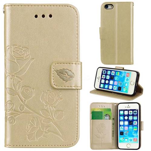 Embossing Rose Flower Leather Wallet Case for iPhone SE 5s 5 - Golden