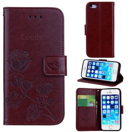 Embossing Rose Flower Leather Wallet Case for iPhone SE 5s 5 - Brown