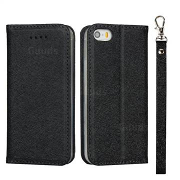 Ultra Slim Magnetic Automatic Suction Silk Lanyard Leather Flip Cover for iPhone SE 5s 5 - Black