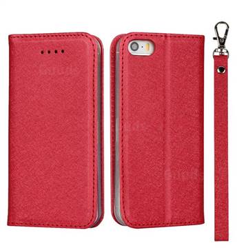 Ultra Slim Magnetic Automatic Suction Silk Lanyard Leather Flip Cover for iPhone SE 5s 5 - Red