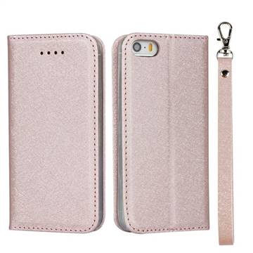 Ultra Slim Magnetic Automatic Suction Silk Lanyard Leather Flip Cover for iPhone SE 5s 5 - Rose Gold