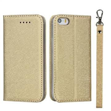 Ultra Slim Magnetic Automatic Suction Silk Lanyard Leather Flip Cover for iPhone SE 5s 5 - Golden