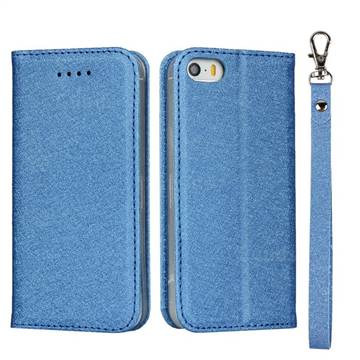 Ultra Slim Magnetic Automatic Suction Silk Lanyard Leather Flip Cover for iPhone SE 5s 5 - Sky Blue