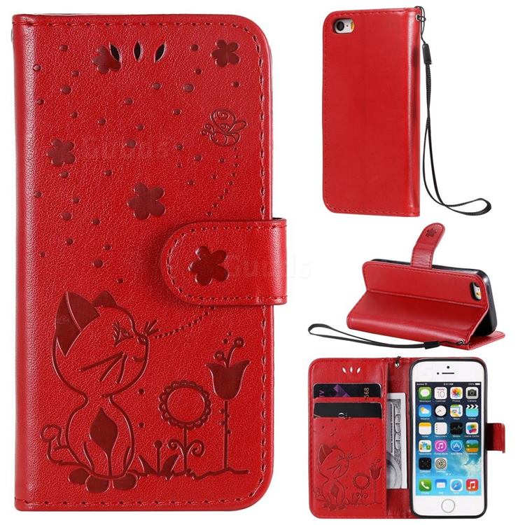 Embossing Bee and Cat Leather Wallet Case for iPhone SE 5s 5 - Red
