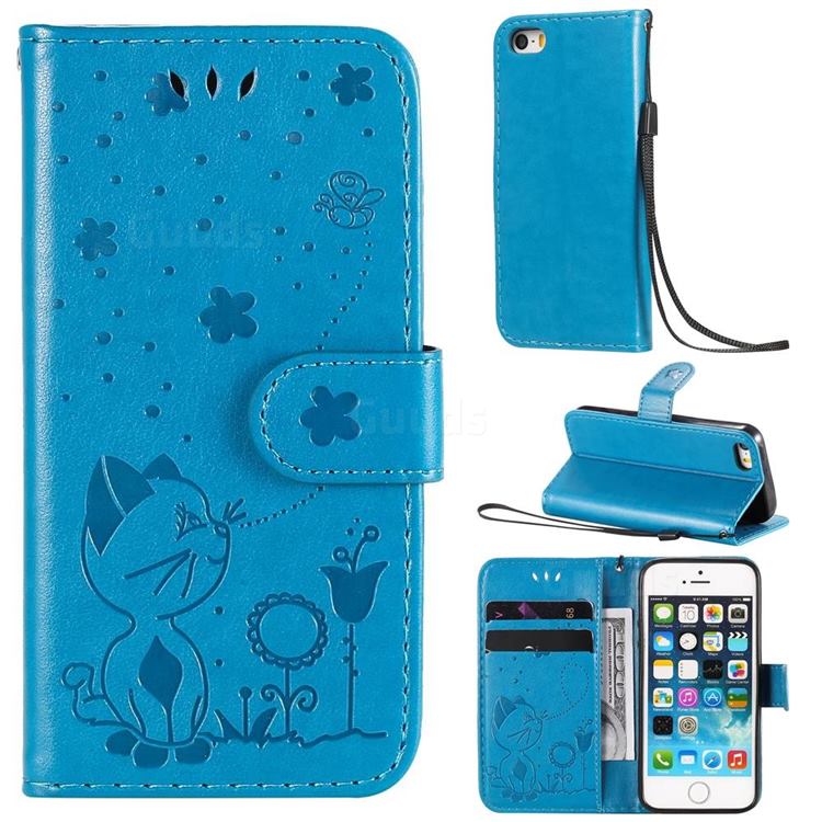 Embossing Bee and Cat Leather Wallet Case for iPhone SE 5s 5 - Blue