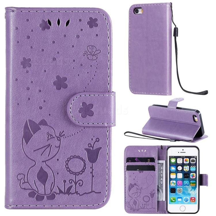 Embossing Bee and Cat Leather Wallet Case for iPhone SE 5s 5 - Purple