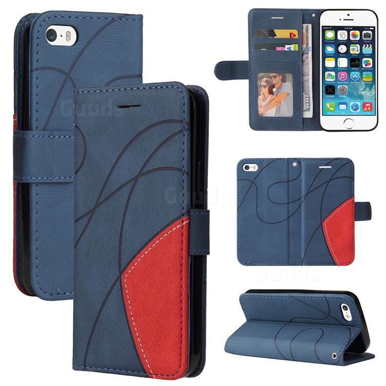 Luxury Two-color Stitching Leather Wallet Case Cover for iPhone SE 5s 5 - Blue