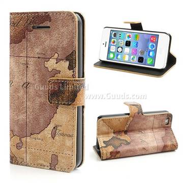 World Map Pattern Leather Wallet Case for iPhone 5c - Brown