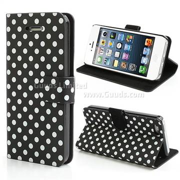 Polka Dots Pattern Leather Wallet Case for iPhone 5c - White Dots / Black