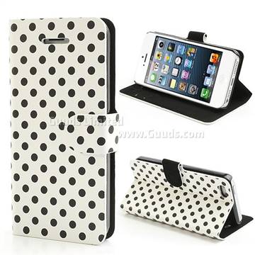 Polka Dots Pattern Leather Wallet Case for iPhone 5c - Black Dots / White