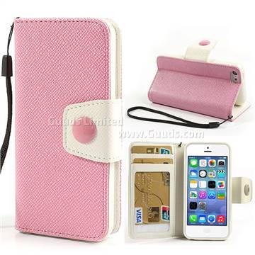 Dual Color Leather Wallet Case for iPhone 5c With TPU Holder - Pink + White