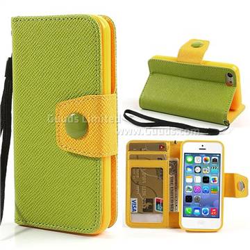 Dual Color Leather Wallet Case for iPhone 5c With TPU Holder - Green + Yellow