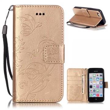 Embossing Butterfly Flower Leather Wallet Case for iPhone 5c - Champagne