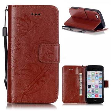 Embossing Butterfly Flower Leather Wallet Case for iPhone 5c - Brown