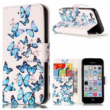 Blue Vivid Butterflies PU Leather Wallet Case for iPhone 5c