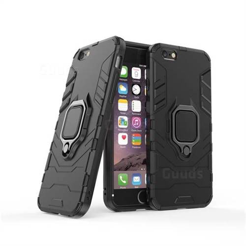 Black Panther Armor Metal Ring Grip Shockproof Dual Layer Rugged Hard Cover for iPhone 6s 6 6G(4.7 inch) - Black