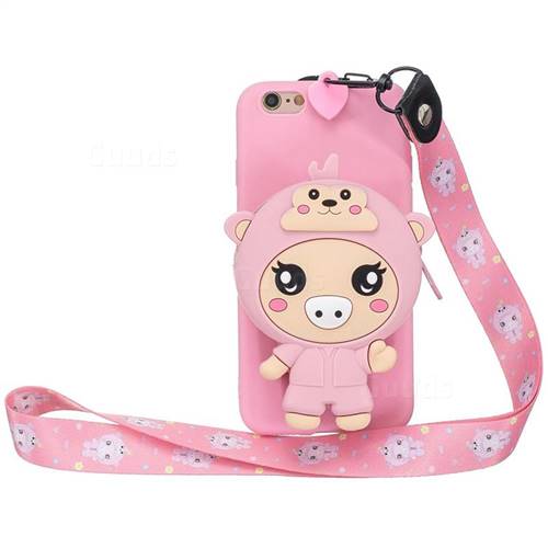 Pink Pig Neck Lanyard Zipper Wallet Silicone Case for iPhone 6s 6 6G(4.7 inch)