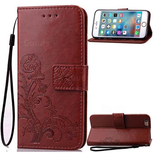 Embossing Imprint Four-Leaf Clover Leather Wallet Case for iPhone 6s 6 (4.7 inch) - Brown