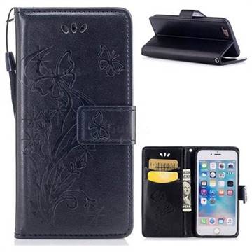 Intricate Embossing Butterfly Morning Glory Leather Wallet Case for iPhone 6s 6 6G(4.7 inch) - Black