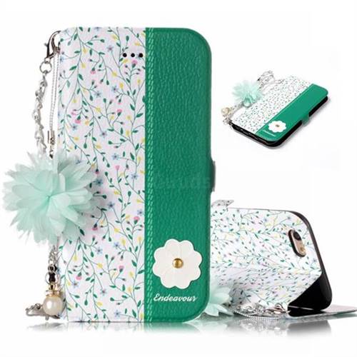 Magnolia Endeavour Florid Pearl Flower Pendant Metal Strap PU Leather Wallet Case for iPhone 6s 6 6G(4.7 inch)