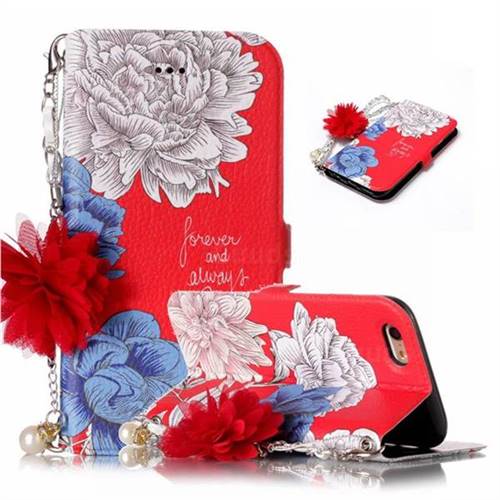 Red Chrysanthemum Endeavour Florid Pearl Flower Pendant Metal Strap PU Leather Wallet Case for iPhone 6s 6 6G(4.7 inch)