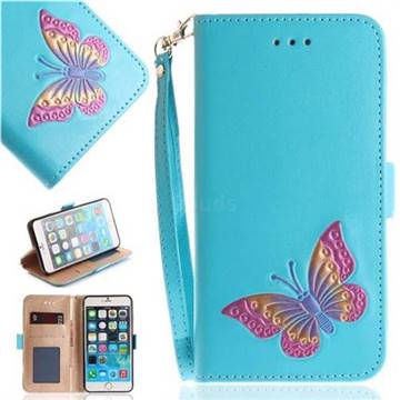 Imprint Embossing Butterfly Leather Wallet Case for iPhone 6s 6 6G(4.7 inch) - Sky Blue
