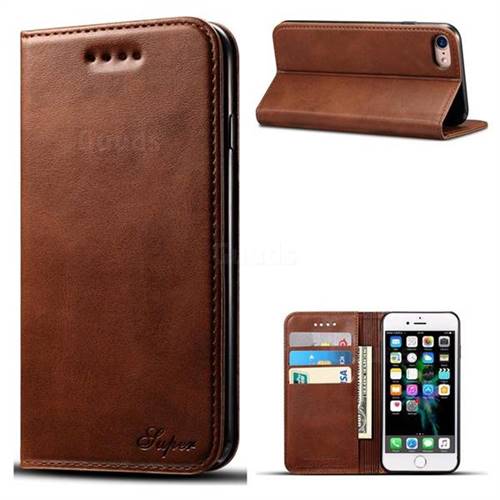 Suteni Simple Style Calf Stripe Leather Wallet Phone Case for iPhone 6s 6 6G(4.7 inch) - Brown