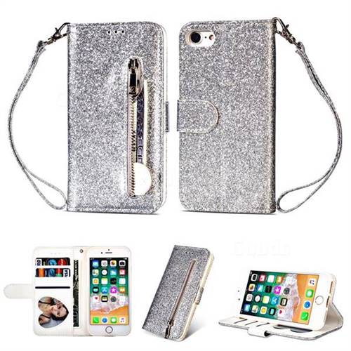 Glitter Shine Leather Zipper Wallet Phone Case for iPhone 6s 6 6G(4.7 inch) - Silver