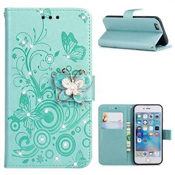 Embossing Butterfly Circle Rhinestone Leather Wallet Case for iPhone 6s 6 6G(4.7 inch) - Cyan