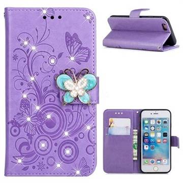 Embossing Butterfly Circle Rhinestone Leather Wallet Case for iPhone 6s 6 6G(4.7 inch) - Purple