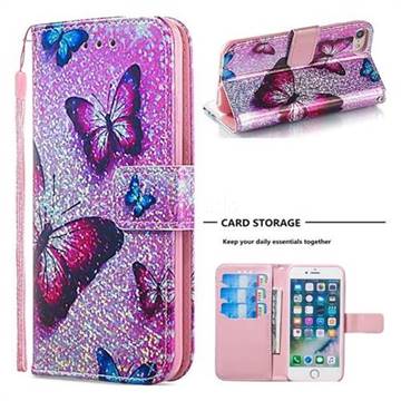 Blue Butterfly Sequins Painted Leather Wallet Case for iPhone 6s 6 6G(4.7 inch)