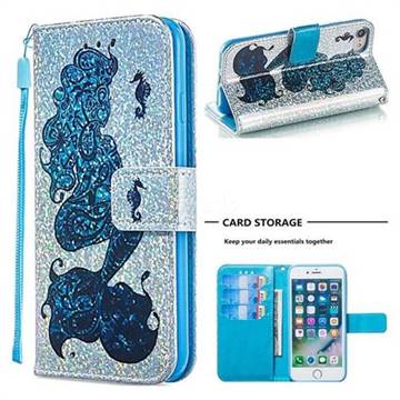 Mermaid Seahorse Sequins Painted Leather Wallet Case for iPhone 6s 6 6G(4.7 inch)