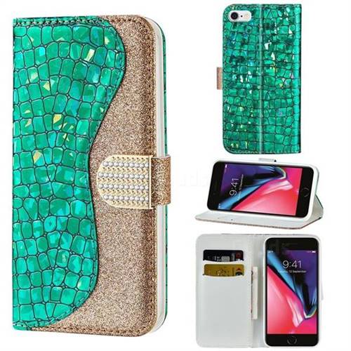 Glitter Diamond Buckle Laser Stitching Leather Wallet Phone Case for iPhone 6s 6 6G(4.7 inch) - Green