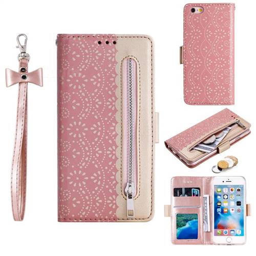 Luxury Lace Zipper Stitching Leather Phone Wallet Case for iPhone 6s 6 6G(4.7 inch) - Pink
