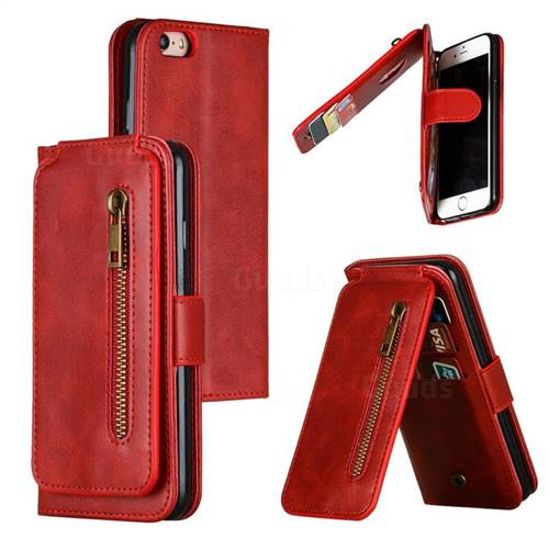Multifunction 9 Cards Leather Zipper Wallet Phone Case for iPhone 6s 6 6G(4.7 inch) - Red