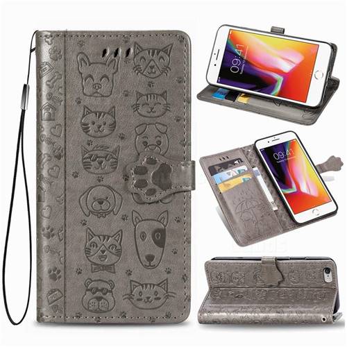 Embossing Dog Paw Kitten and Puppy Leather Wallet Case for iPhone 6s 6 6G(4.7 inch) - Gray