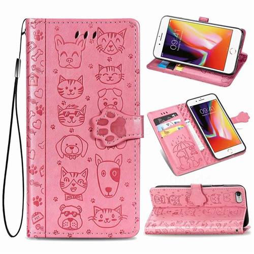 Embossing Dog Paw Kitten and Puppy Leather Wallet Case for iPhone 6s 6 6G(4.7 inch) - Pink