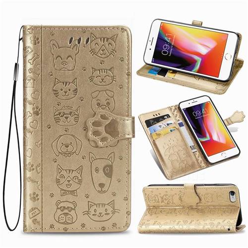 Embossing Dog Paw Kitten and Puppy Leather Wallet Case for iPhone 6s 6 6G(4.7 inch) - Champagne Gold